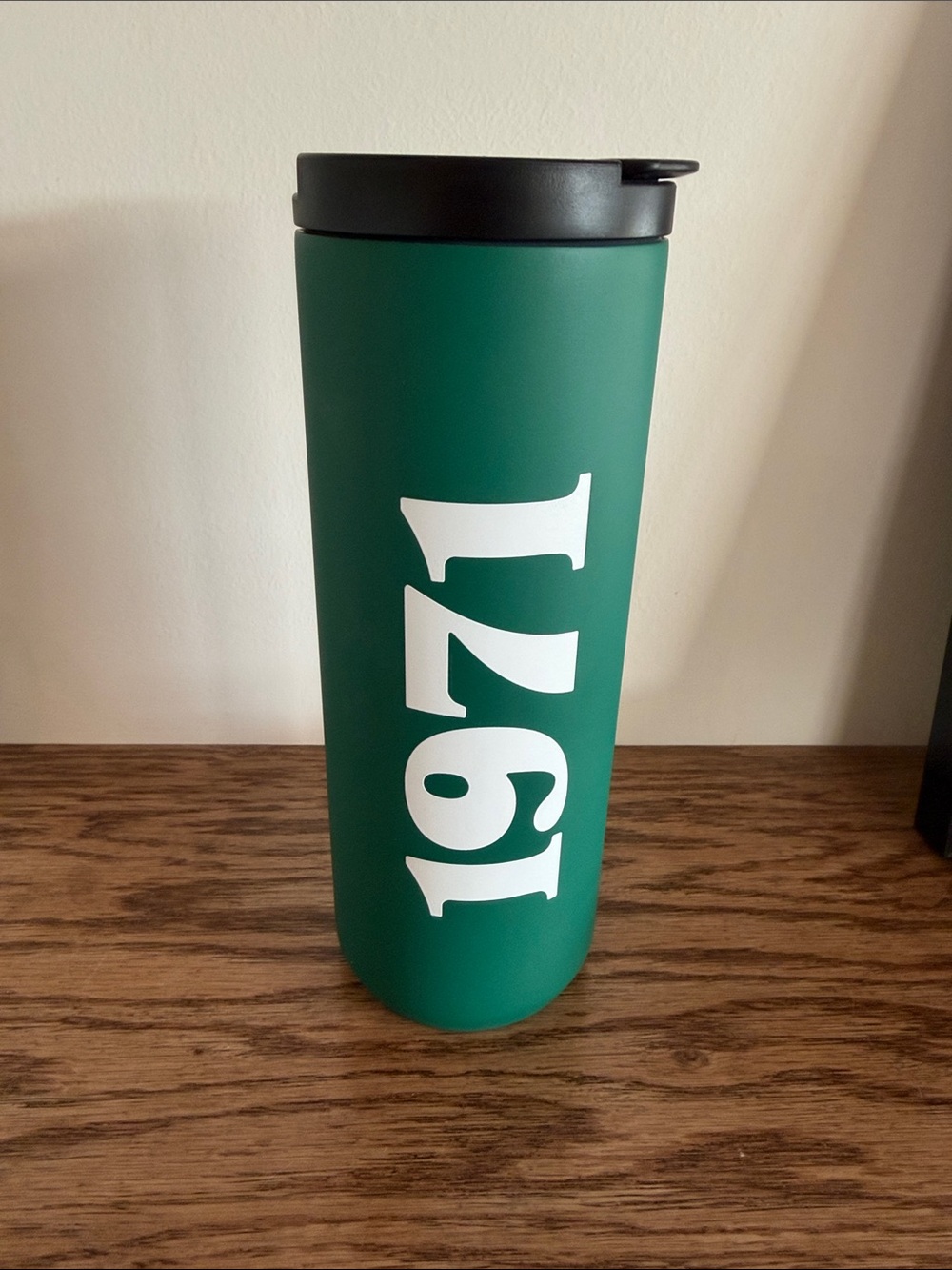 Starbucks Green Tumbler with White 1971 Graphic and Black Lid